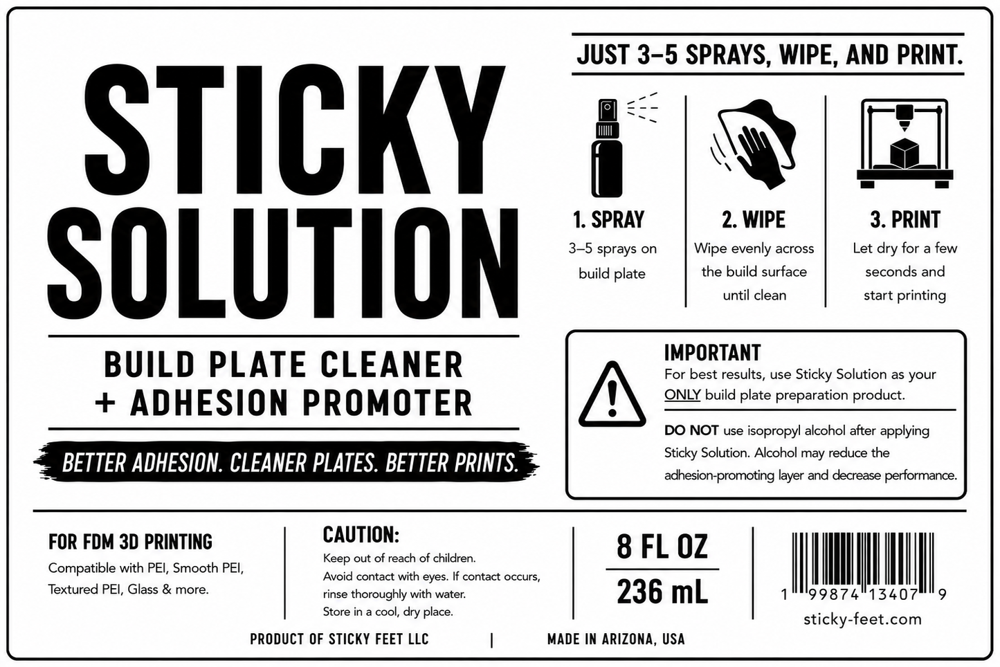 Sticky Solution™ – Cleaner and Adhesion Promoter, All-in-One for 3D Printers (Bambu Lab, Prusa, Creality, etc.)
