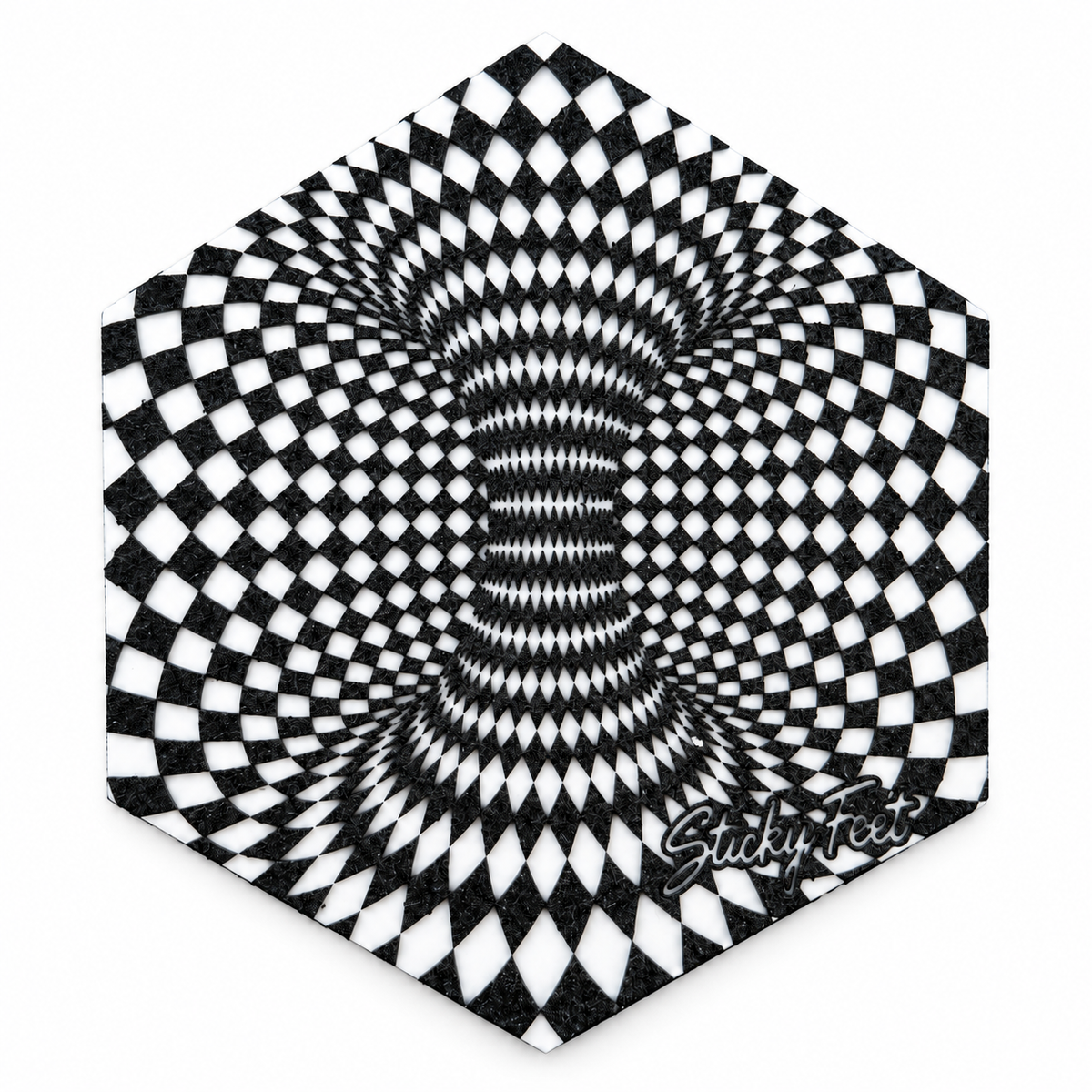 Black and white Wormhole snowboard stomp pad by Sticky Feet on a plain white background