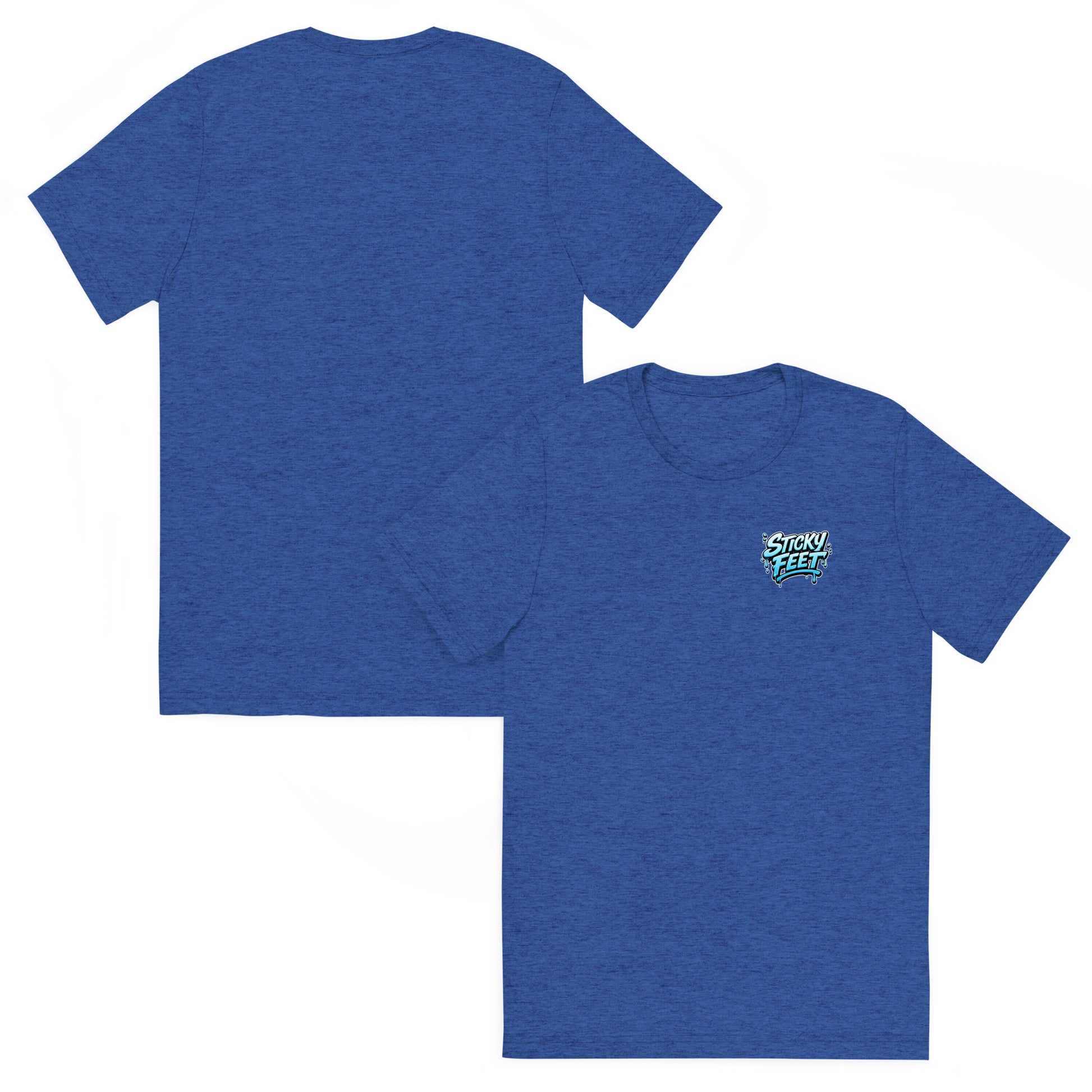 Sticky Feet Electric Freeze premium graphic t-shirt with blue logo on a navy tri-blend tee