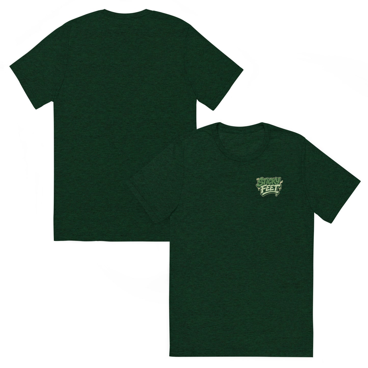 Sticky Feet Green Giant premium graphic t-shirt with green logo on an olive tri-blend tee.