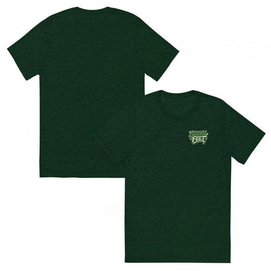 Sticky Feet Green Giant premium graphic t-shirt with green logo on an olive tri-blend tee.