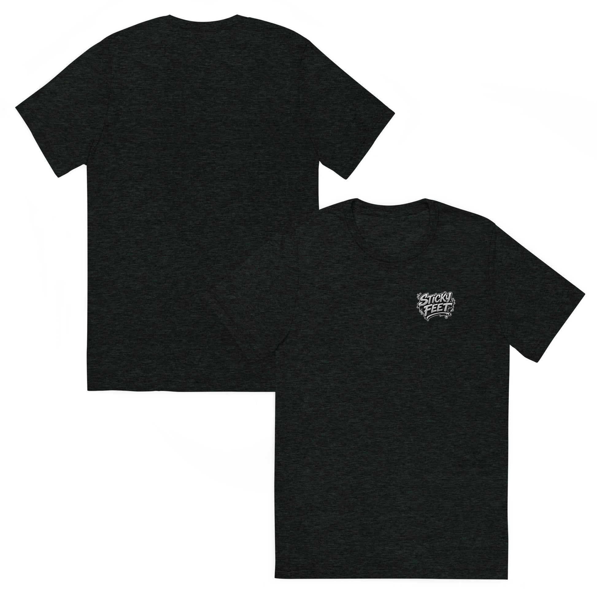 Sticky Feet Liquid Metal premium graphic t-shirt with silver logo on a charcoal tri-blend tee.