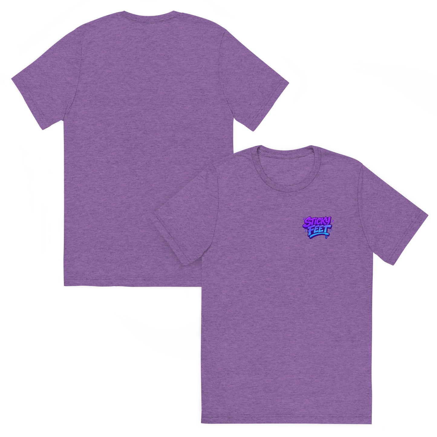 Sticky Feet Purple Nurple premium graphic t-shirt with purple and blue logo on a purple tri-blend tee.