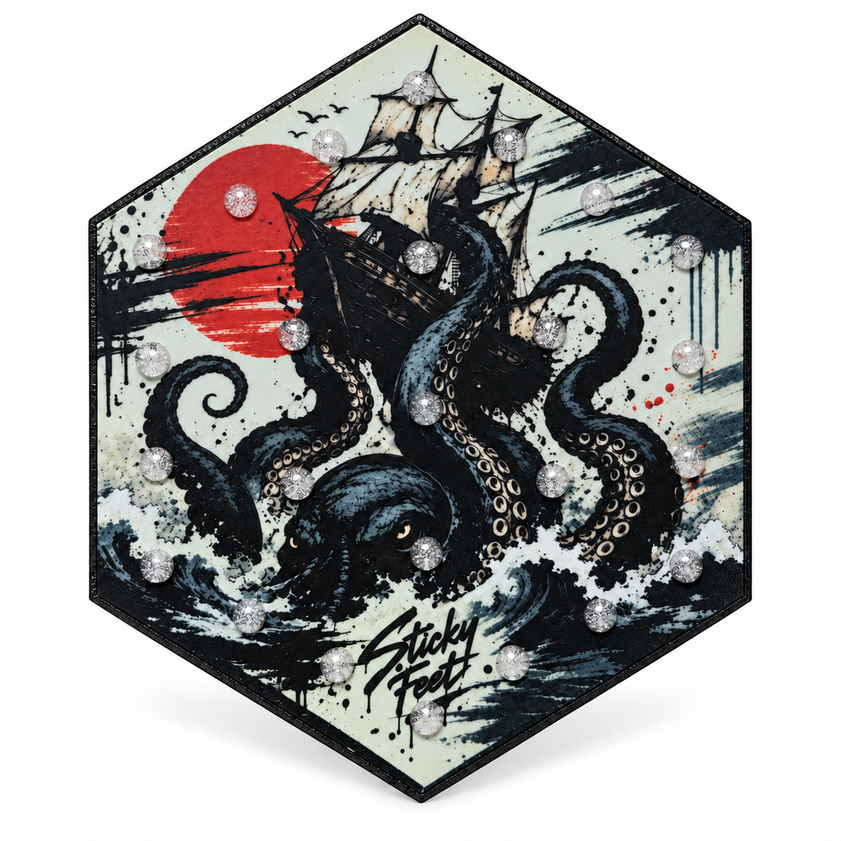Kraken snowboard stomp pad with repositioned clear grip studs, dark muted artwork, on white