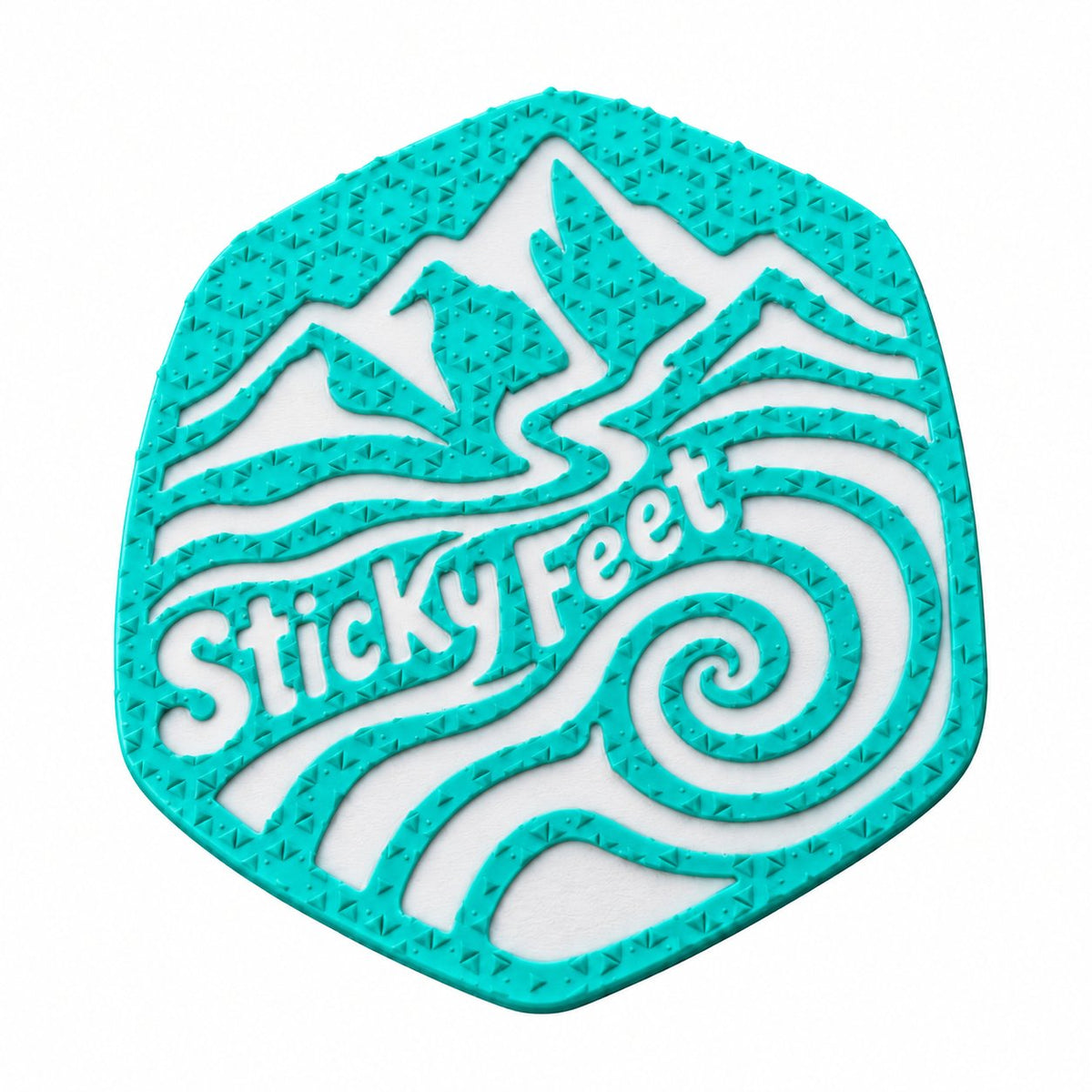 Organic Summit snowboard stomp pad with teal mountain peaks and flowing lines over a white base