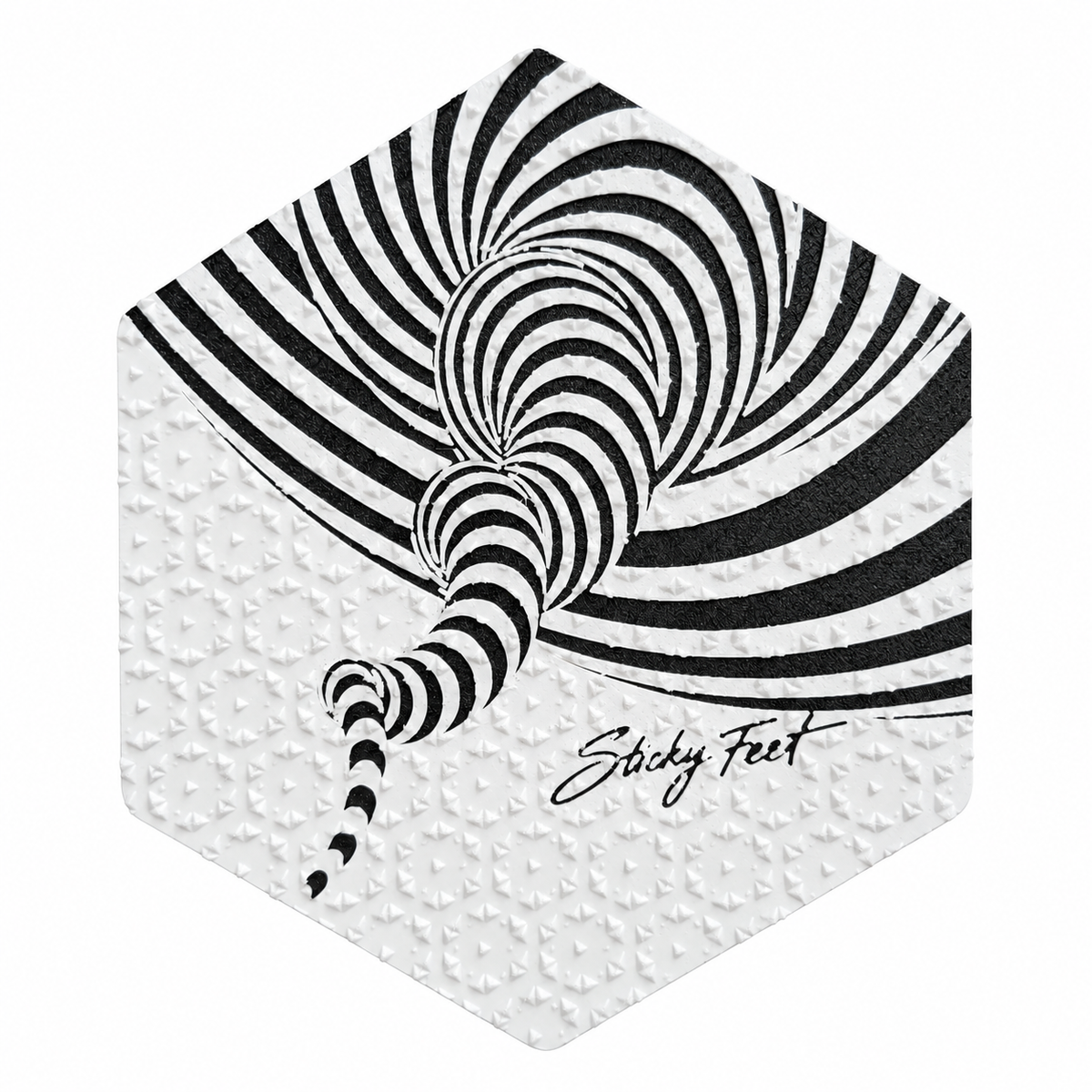 Vortex snowboard stomp pad with black and white spiral design on a white background