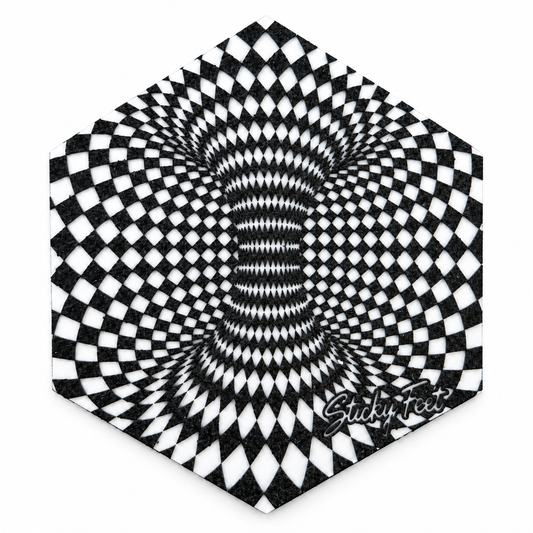 Black and white Wormhole snowboard stomp pad by Sticky Feet on a plain white background